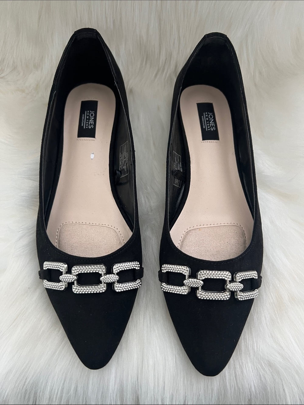 Jones New York Black Pointed Flats with Silver Chain Detail